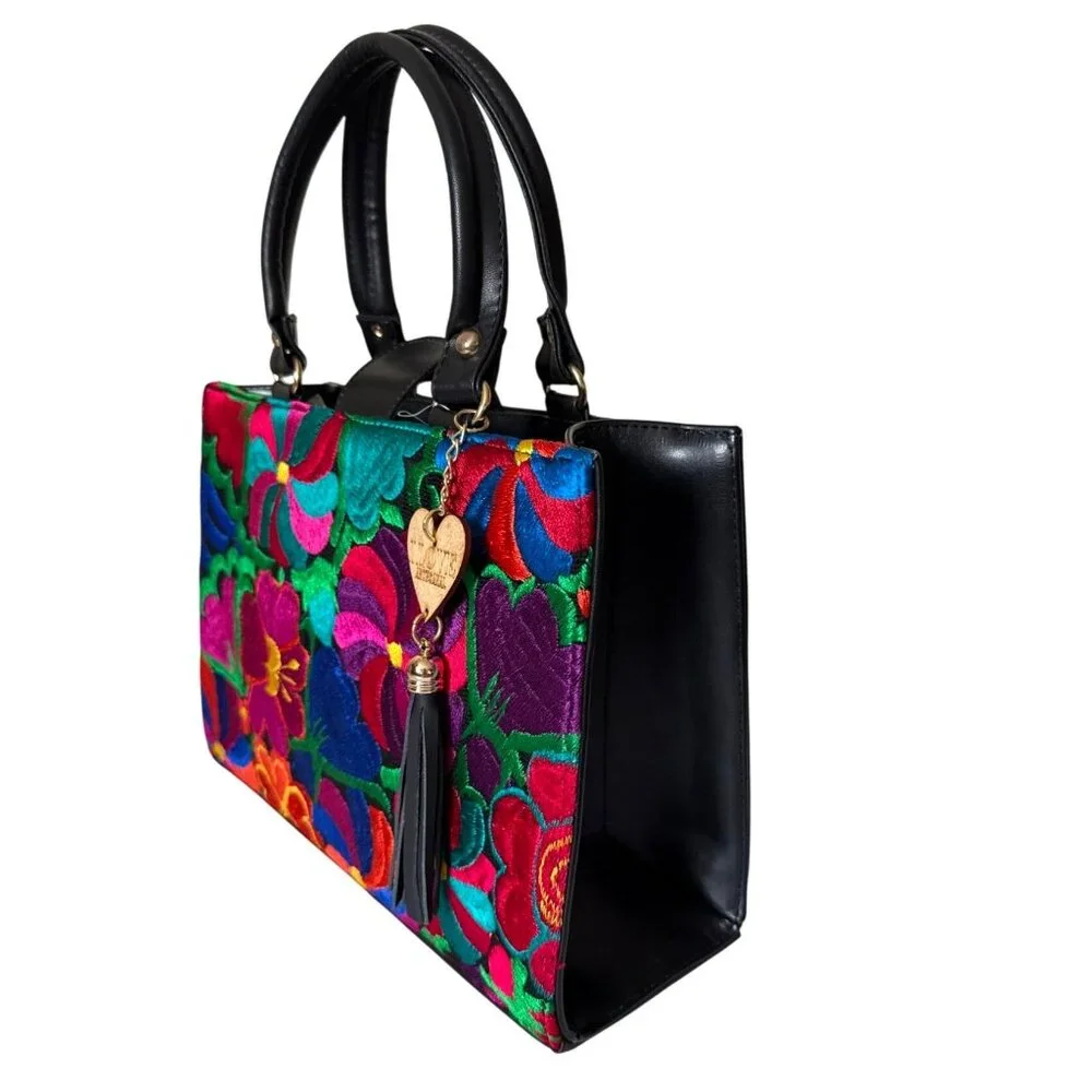 Large Mexican Artisanal Floral Tapestry Satchel & Makeup‎ Bag Set Vegan Leather
